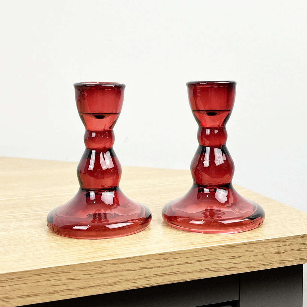 Pair of 9cm Coloured Glass Candle Holders – Red