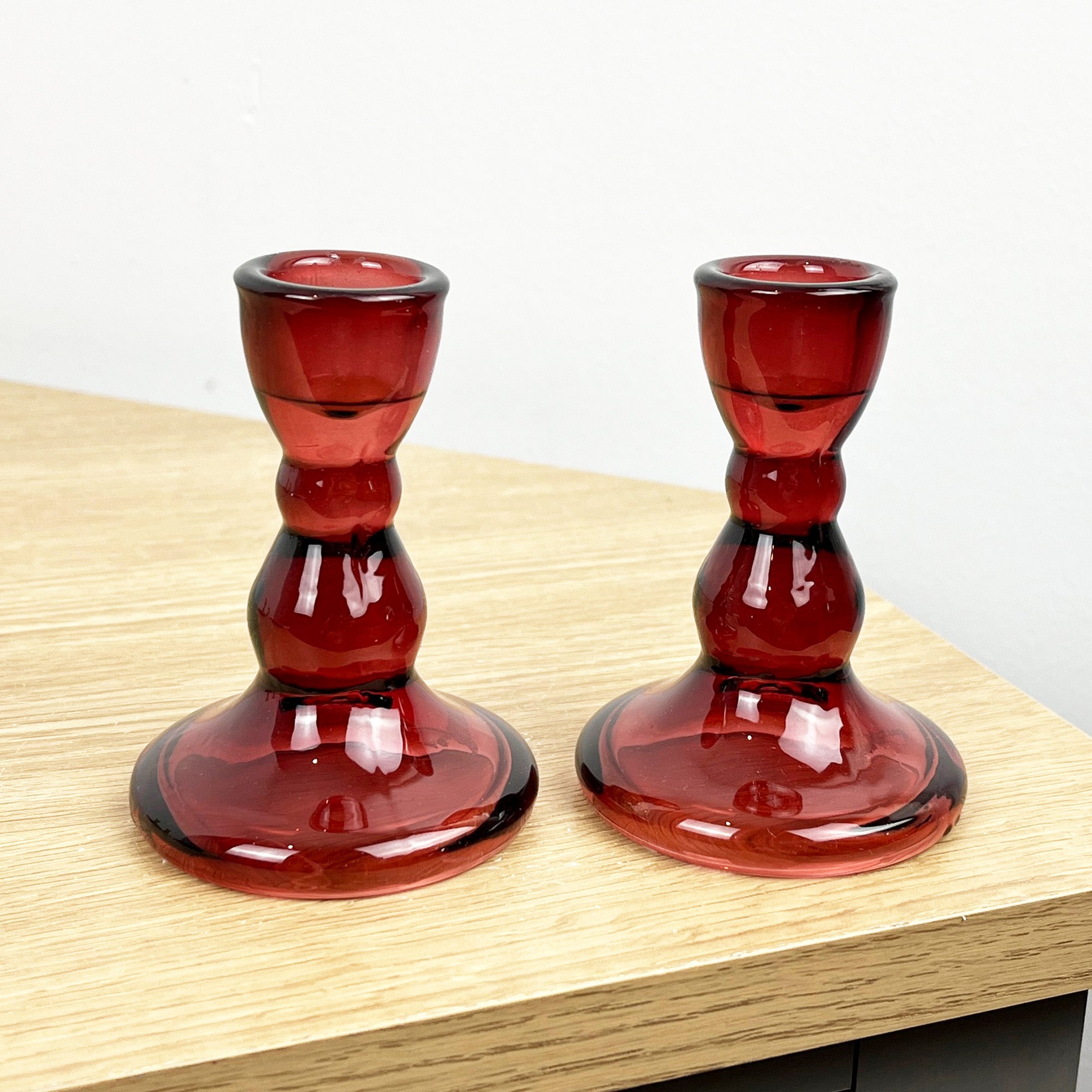 Pair of 9cm Coloured Glass Candle Holders – Red