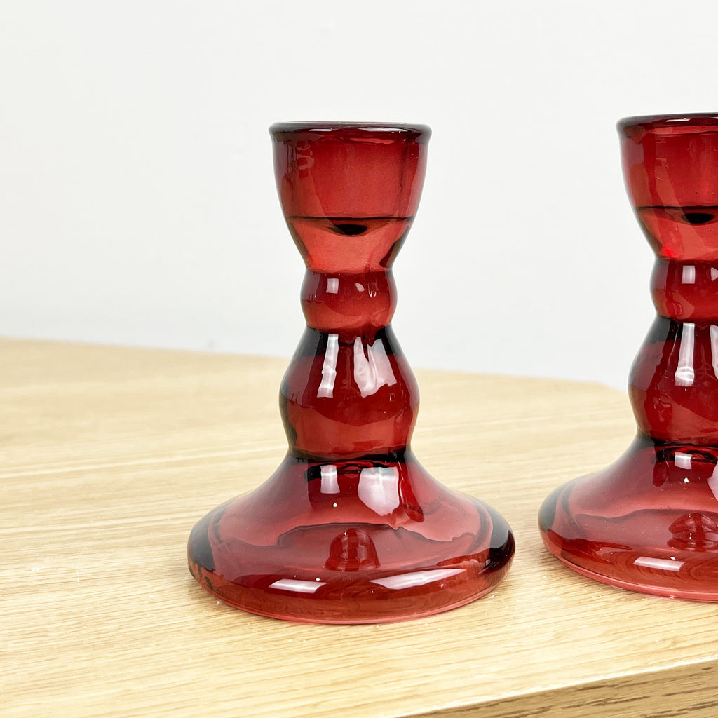 Pair of 9cm Coloured Glass Candle Holders – Red