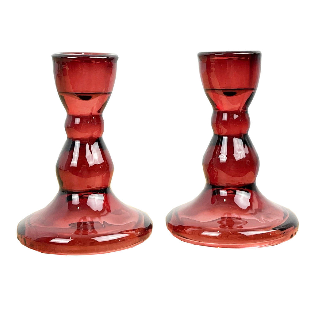 Pair of 9cm Coloured Glass Candle Holders – Red