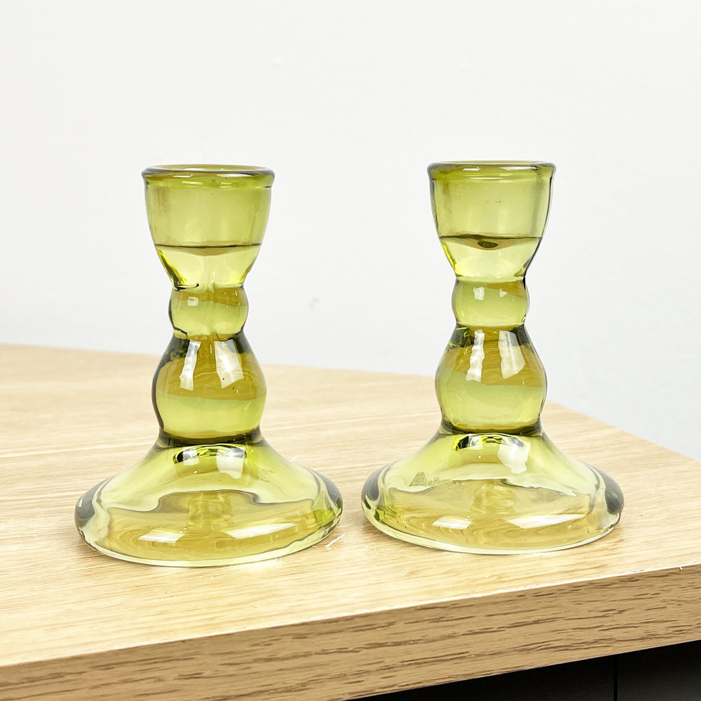 Pair of 9cm Coloured Glass Candle Holders – Green