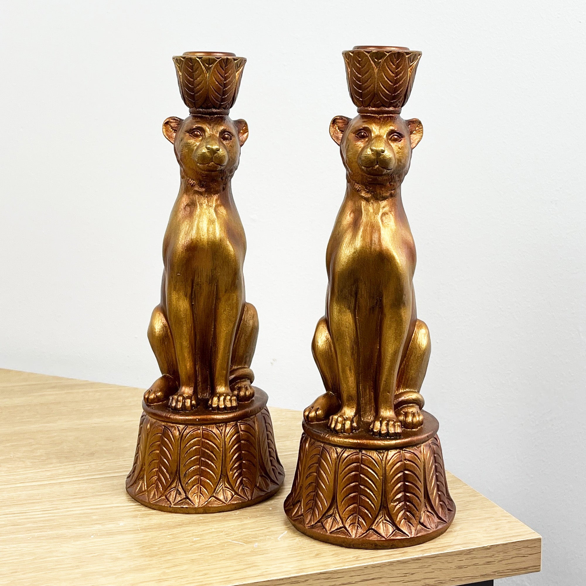Set of 2 Gold Leopard Candle Stick Holders - Resin