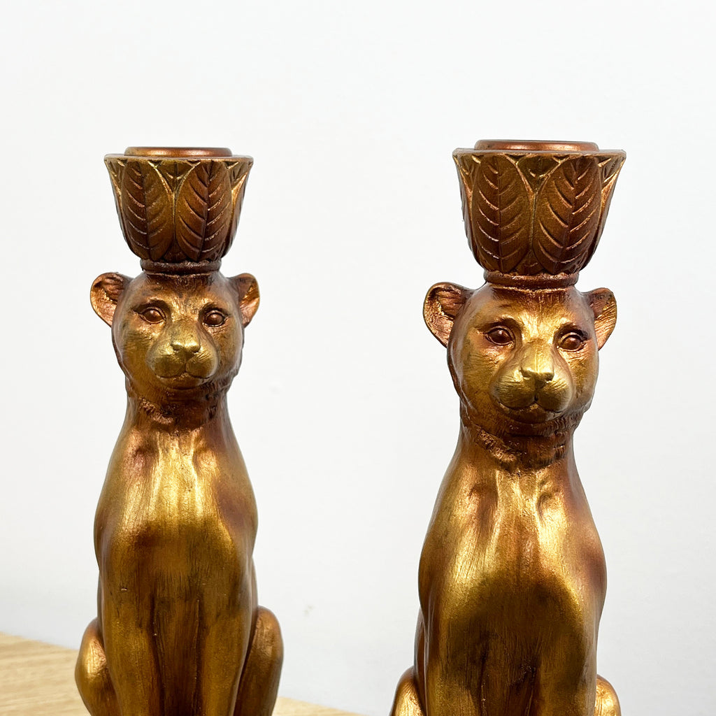 Set of 2 Gold Leopard Candle Stick Holders - Resin