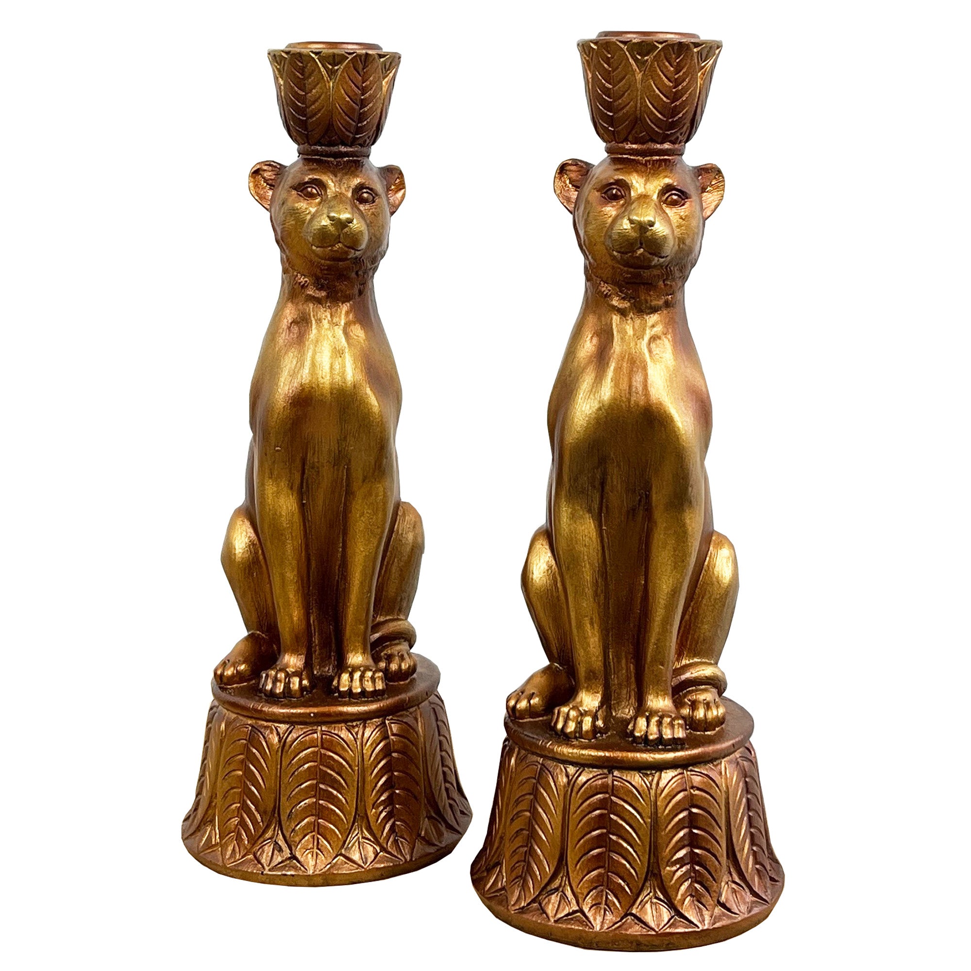 Set of 2 Gold Leopard Candle Stick Holders - Resin