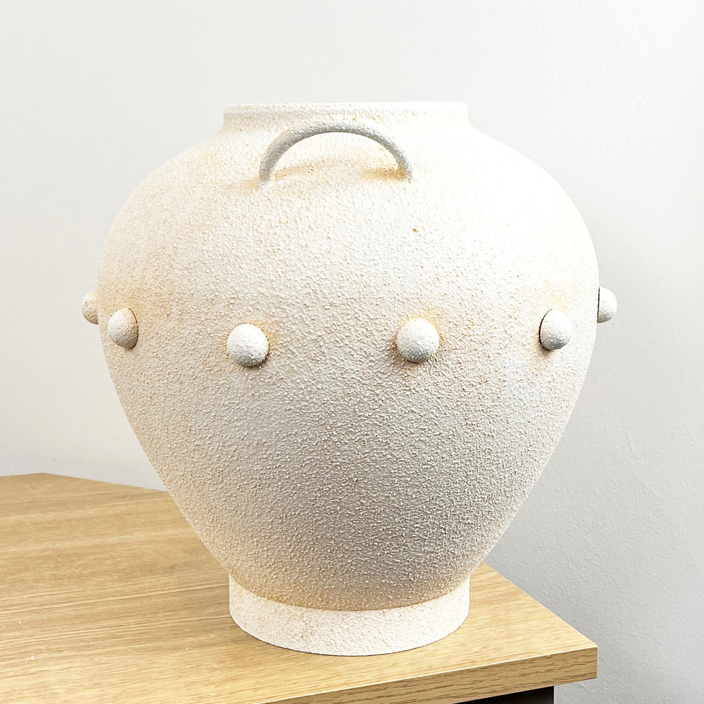 30cm Tall Large Decorative Vase with Pom Poms - Metal Stone Effect Finish