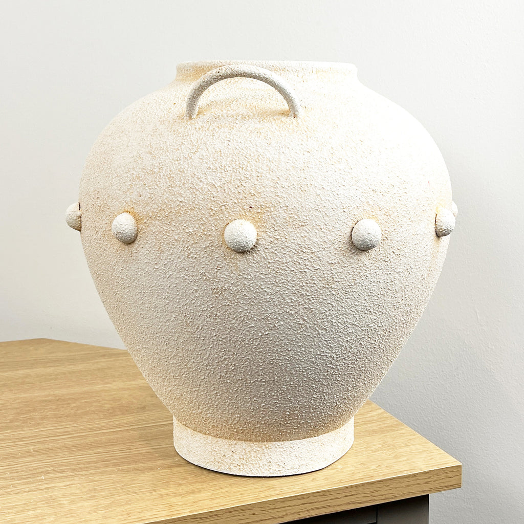 30cm Tall Large Decorative Vase with Pom Poms - Metal Stone Effect Finish
