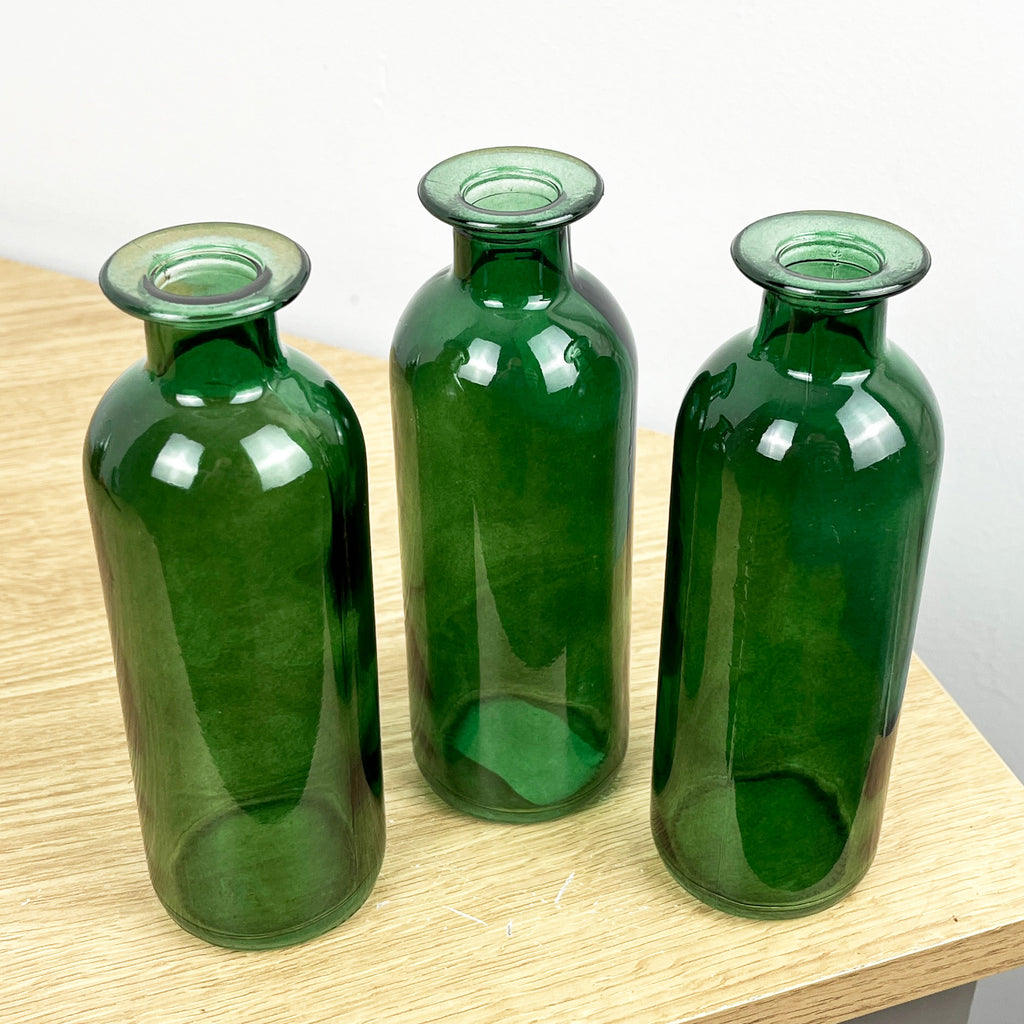 Set of 3 x 16cm Glass Bottle Bud Vases - Green