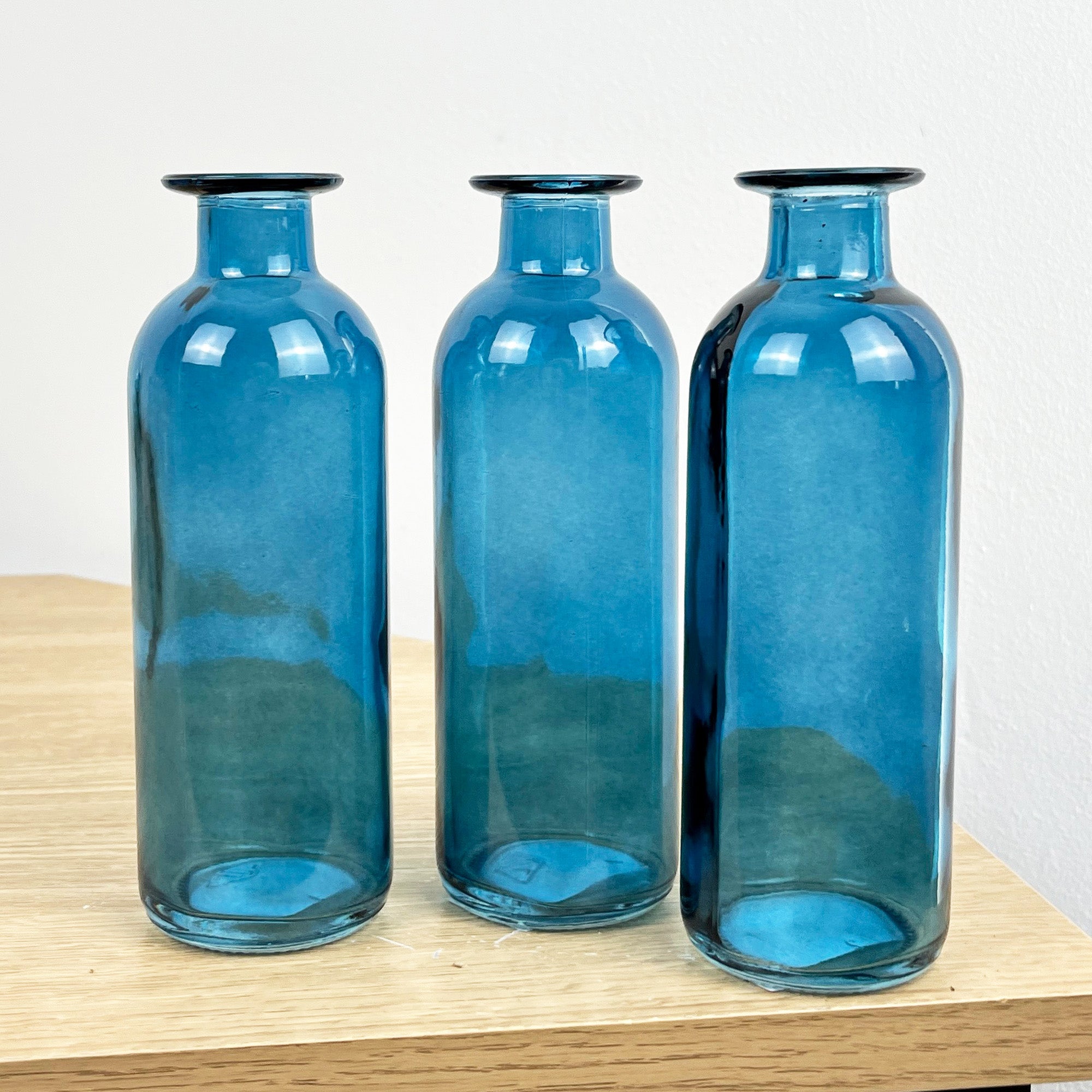 Set of 3 x 16cm Glass Bottle Bud Vases - Blue