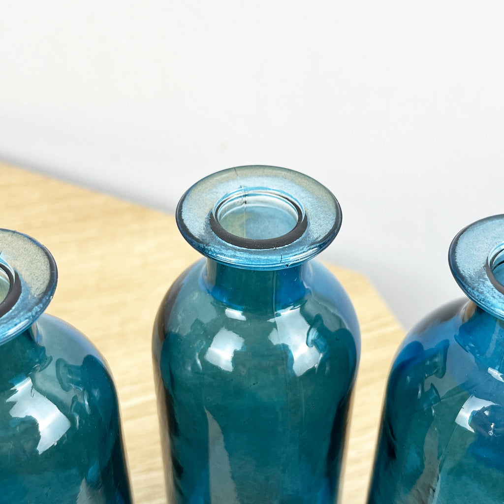 Set of 3 x 16cm Glass Bottle Bud Vases - Blue