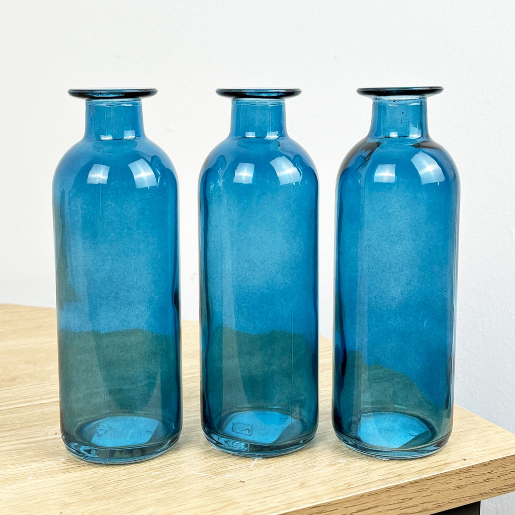 Set of 3 x 16cm Glass Bottle Bud Vases - Blue