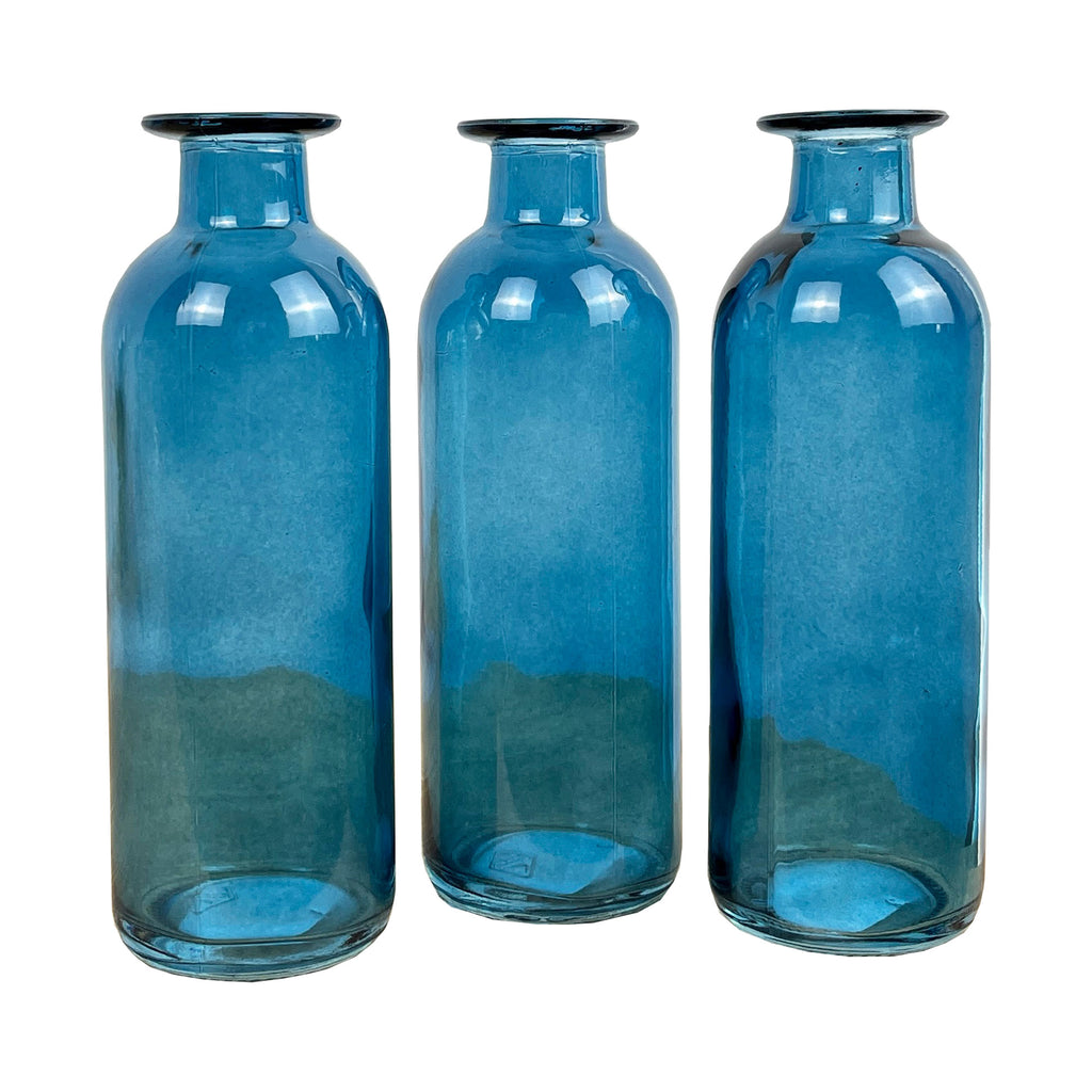 Set of 3 x 16cm Glass Bottle Bud Vases - Blue