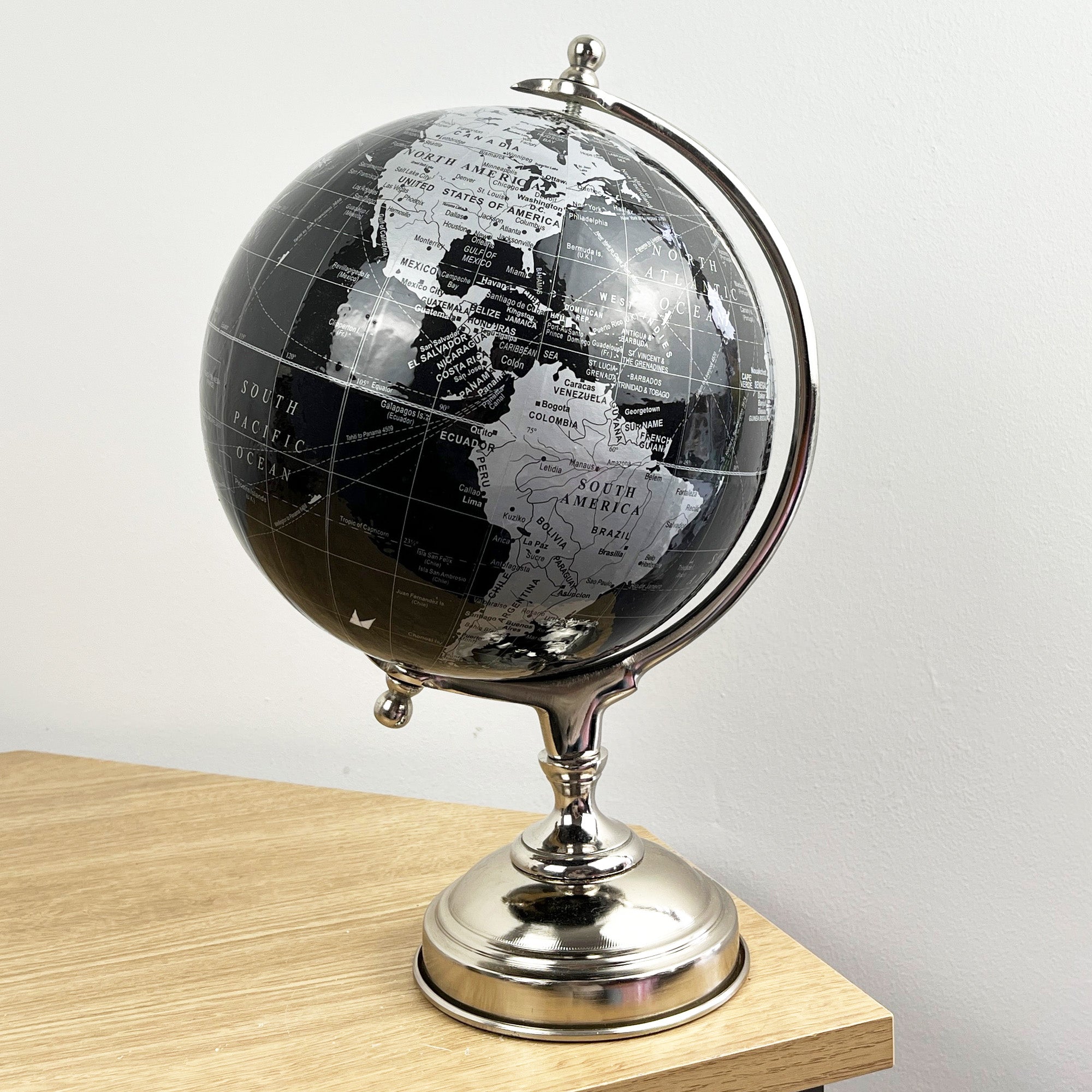 33.5cm Tall Rotating Globe Ornament - Black & Silver