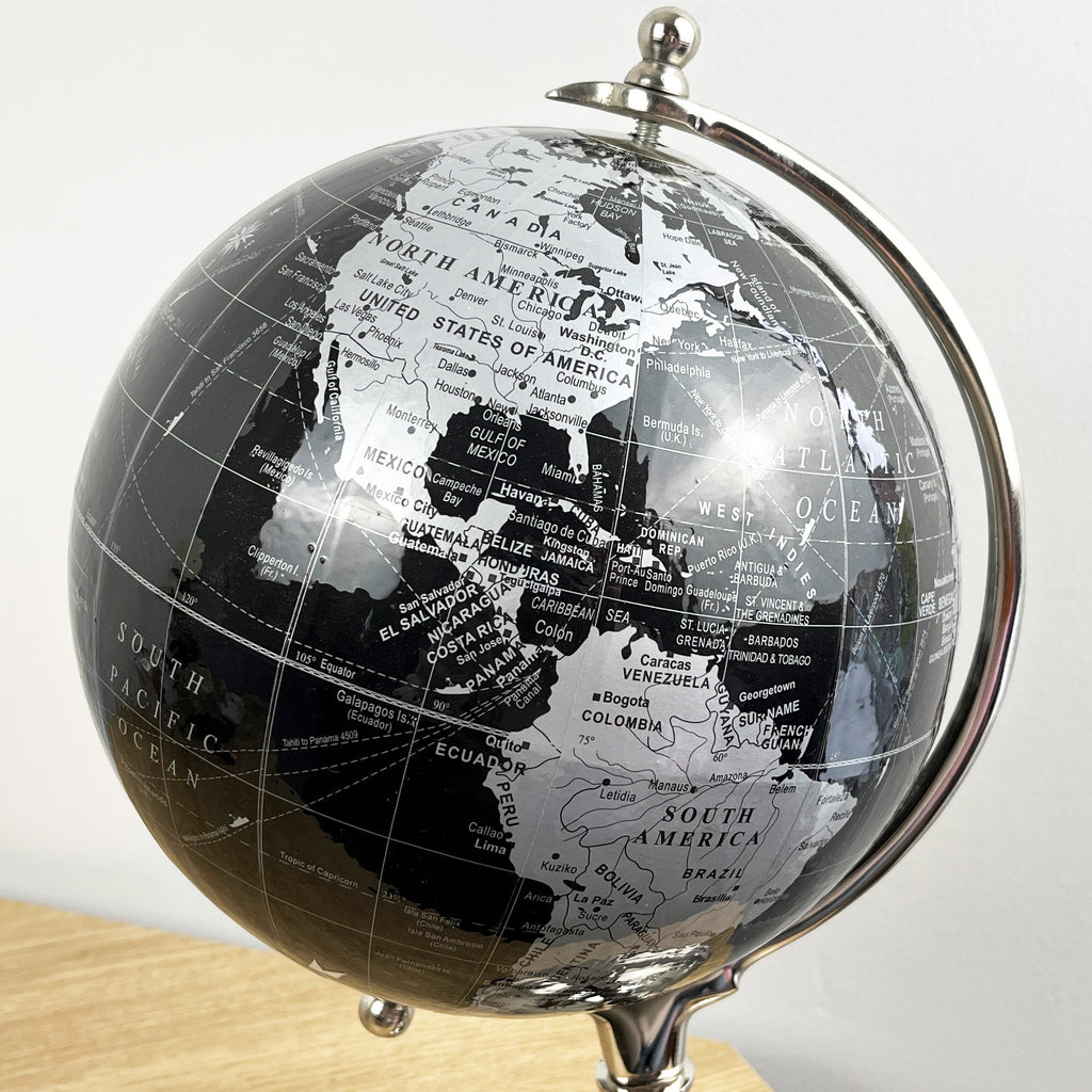 33.5cm Tall Rotating Globe Ornament - Black & Silver