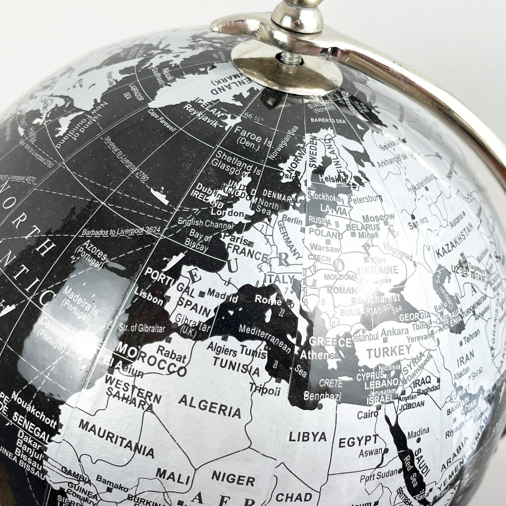 33.5cm Tall Rotating Globe Ornament - Black & Silver