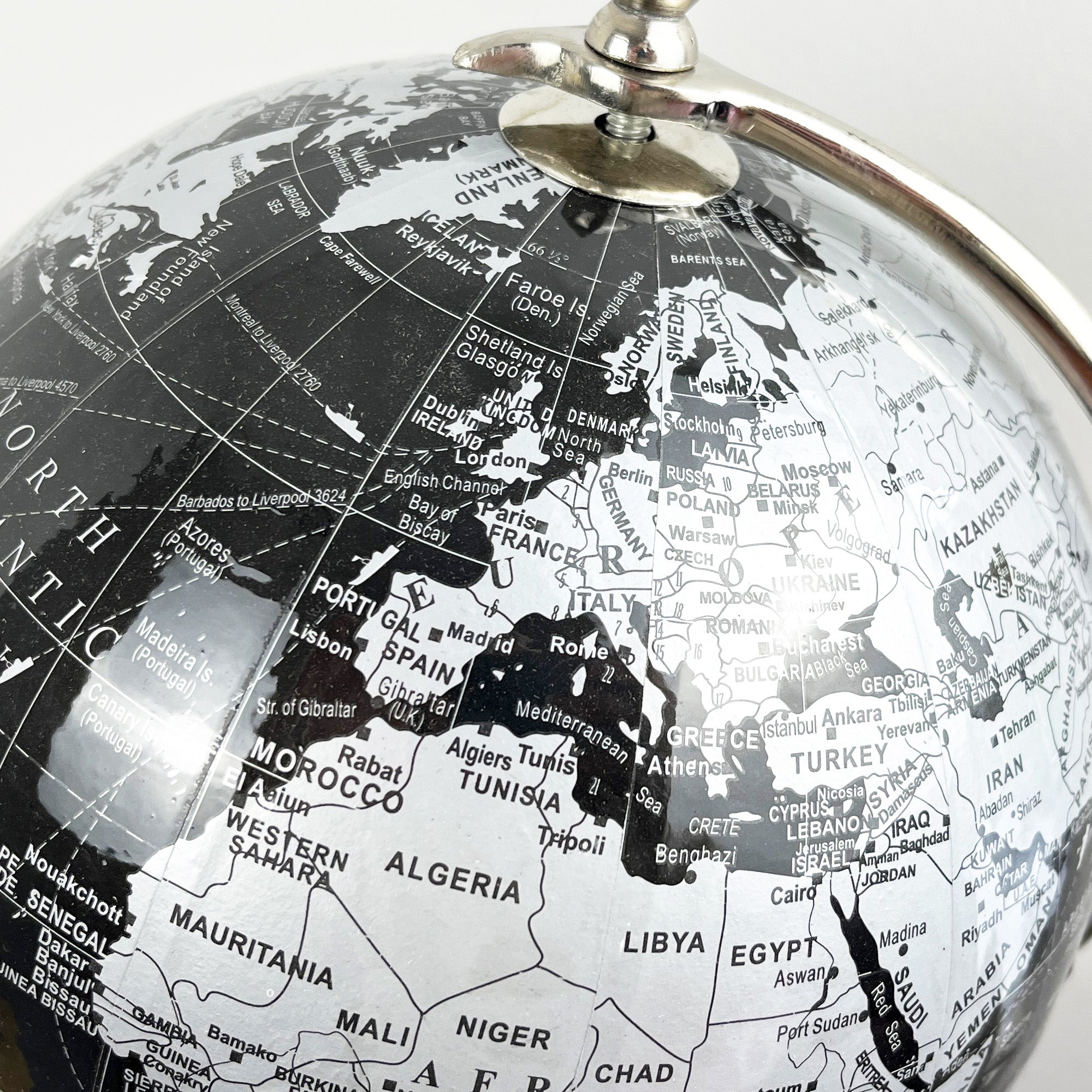 33.5cm Tall Rotating Globe Ornament - Black & Silver