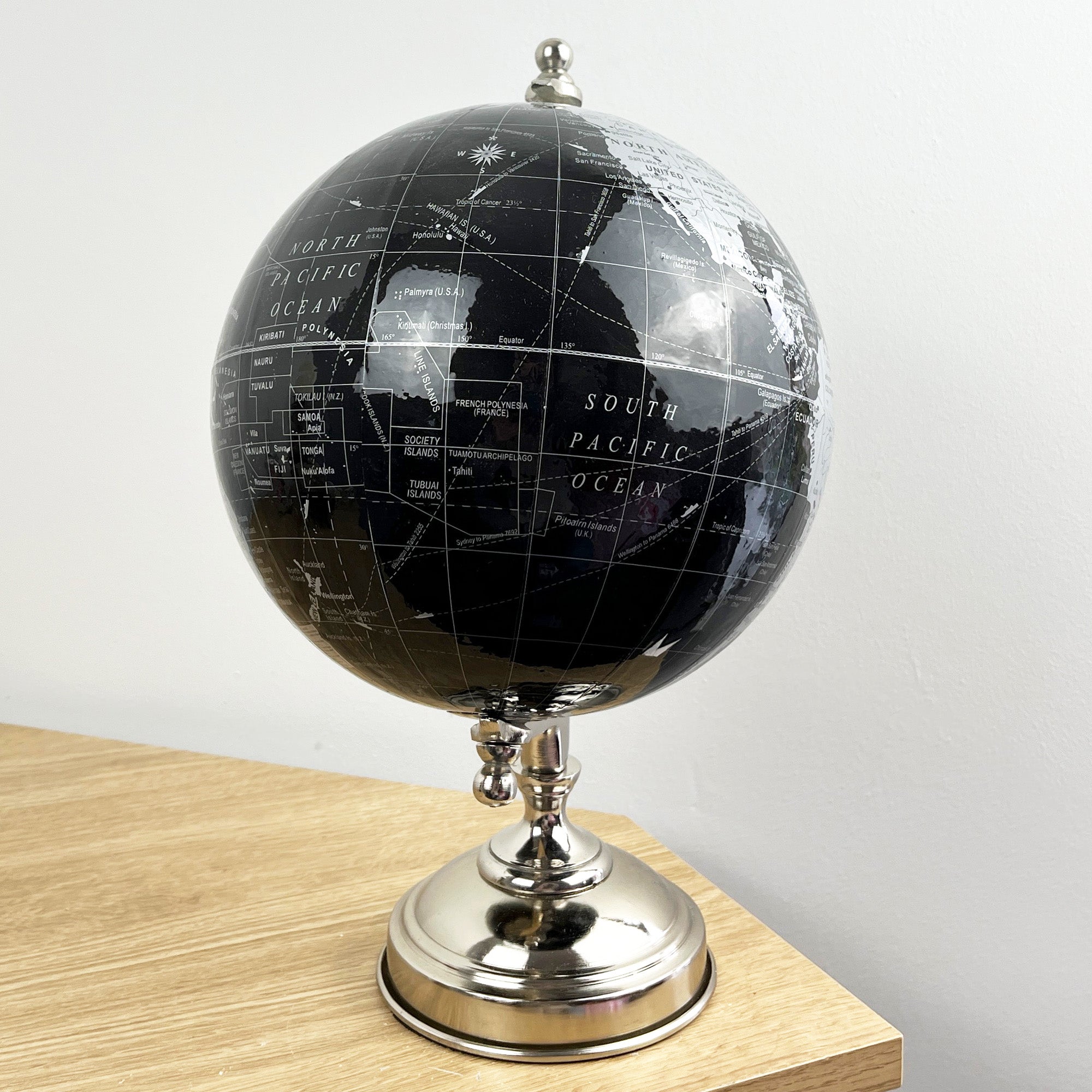 33.5cm Tall Rotating Globe Ornament - Black & Silver