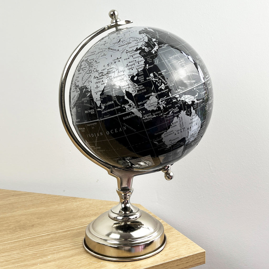 33.5cm Tall Rotating Globe Ornament - Black & Silver