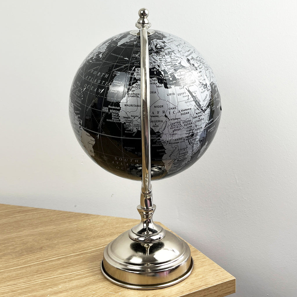 33.5cm Tall Rotating Globe Ornament - Black & Silver
