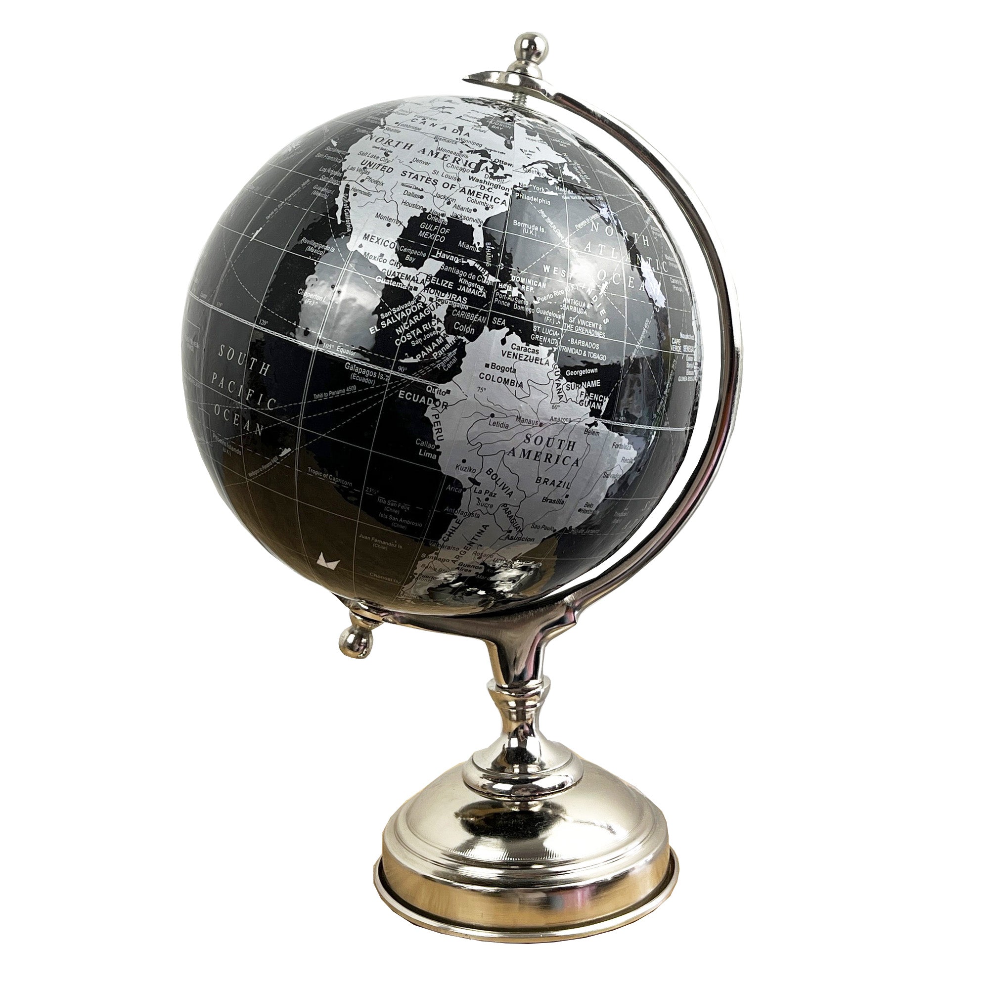 33.5cm Tall Rotating Globe Ornament - Black & Silver