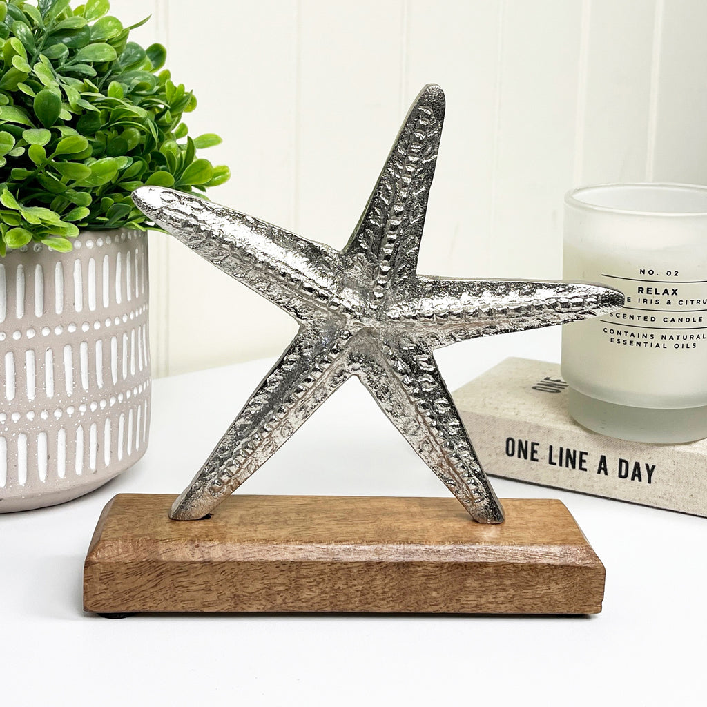19cm Nautical Star Fish on Wood Ornament – Aluminium