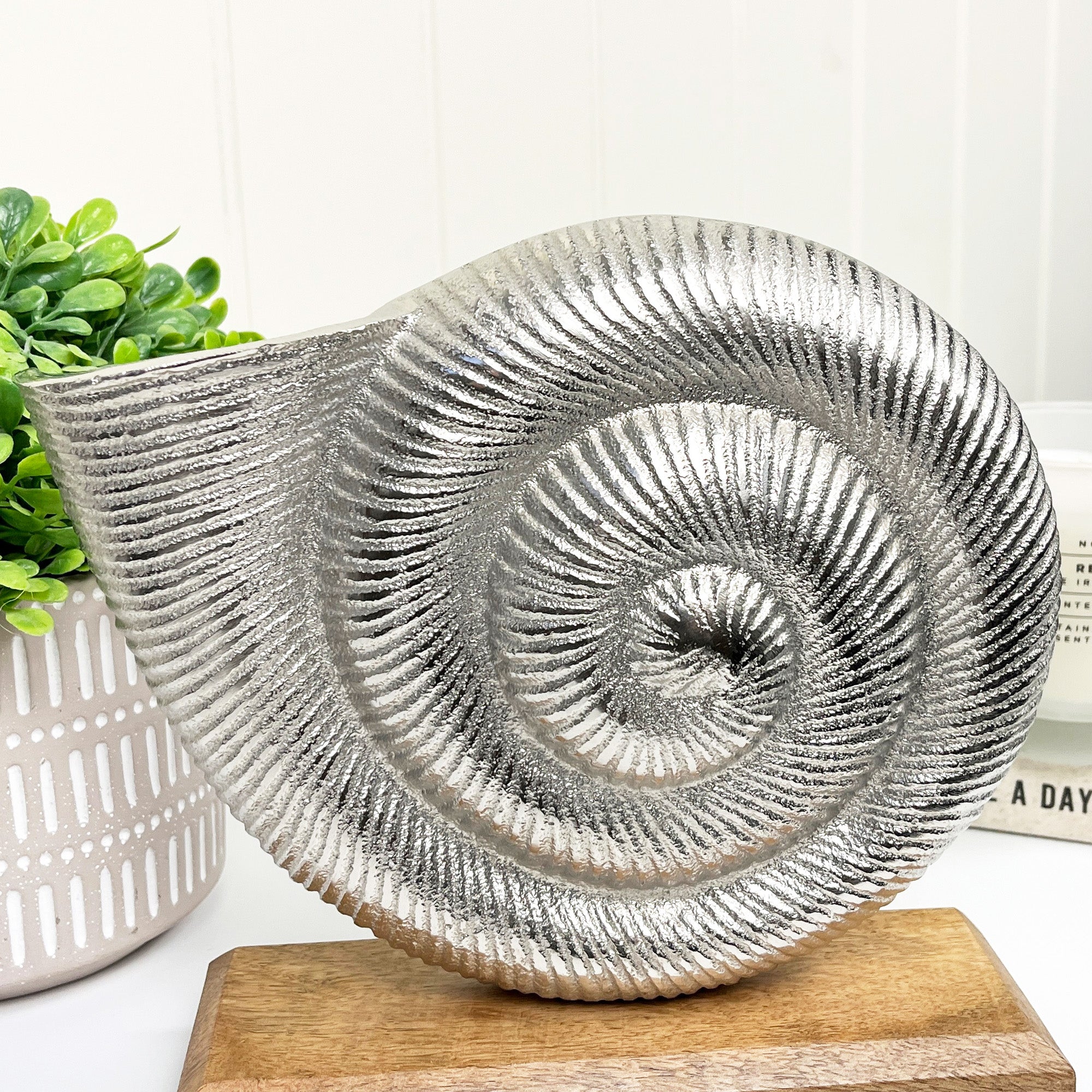 21.5cm Nautical Metal Seashell on Wood Ornament – Silver