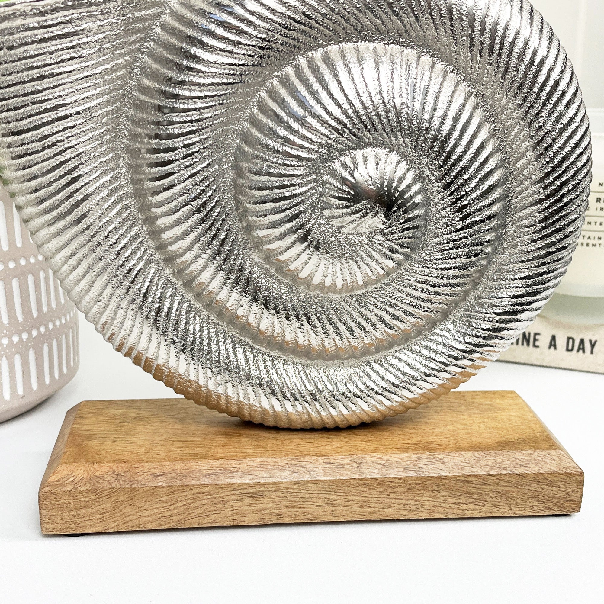 21.5cm Nautical Metal Seashell on Wood Ornament – Silver