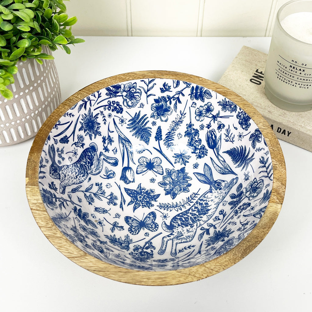 23.5cm Decorative Wooden Bowl with Enamel Woodland Hare Design