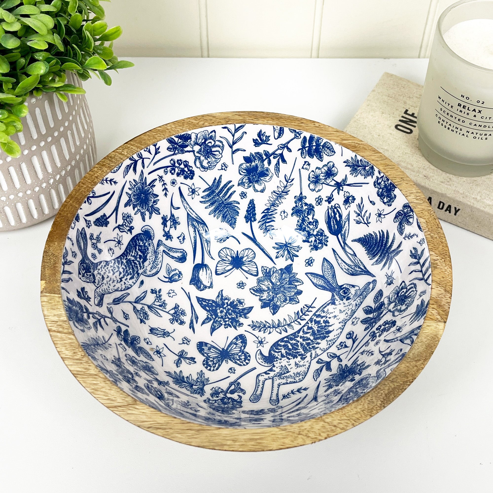 23.5cm Decorative Wooden Bowl with Enamel Woodland Hare Design