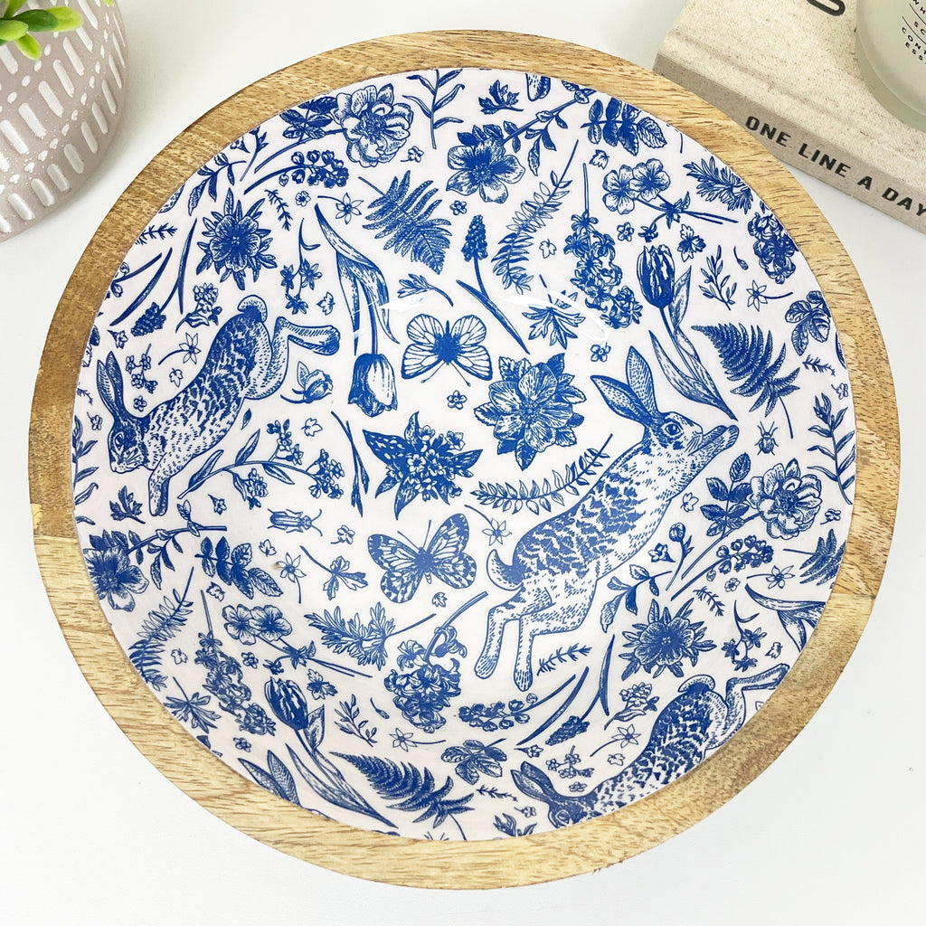 23.5cm Decorative Wooden Bowl with Enamel Woodland Hare Design