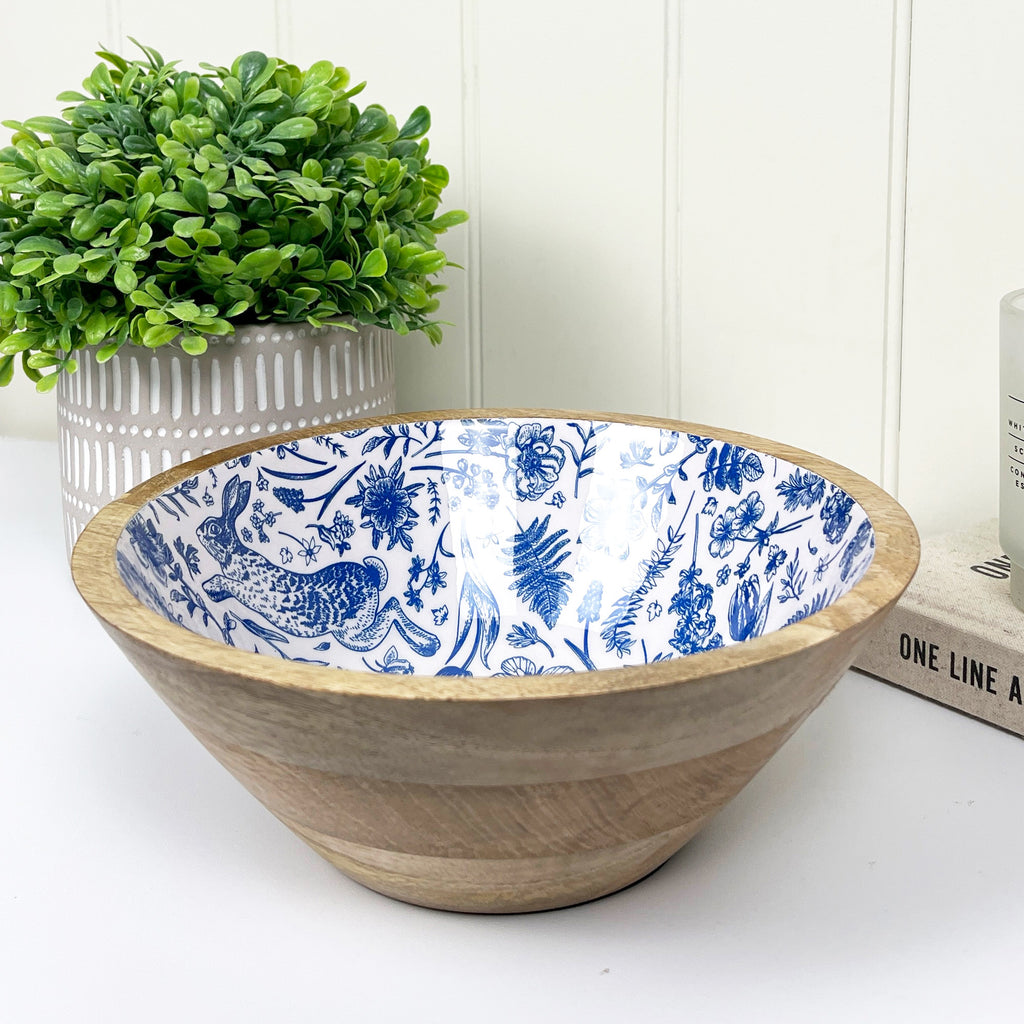 23.5cm Decorative Wooden Bowl with Enamel Woodland Hare Design