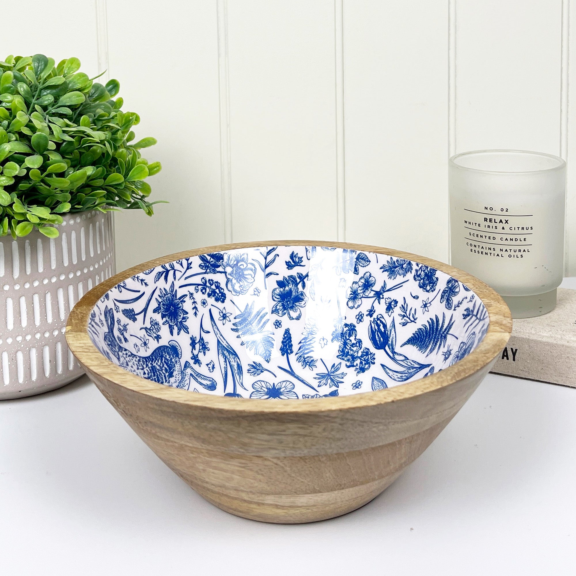 23.5cm Decorative Wooden Bowl with Enamel Woodland Hare Design