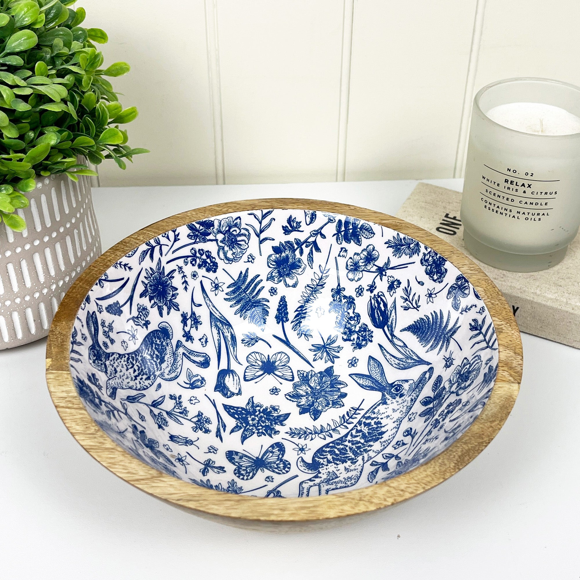 23.5cm Decorative Wooden Bowl with Enamel Woodland Hare Design