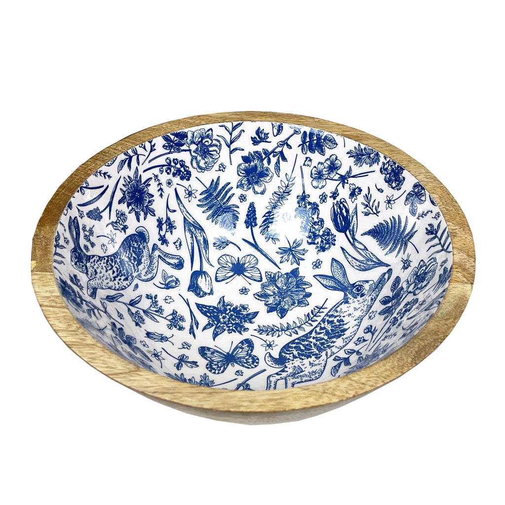 23.5cm Decorative Wooden Bowl with Enamel Woodland Hare Design