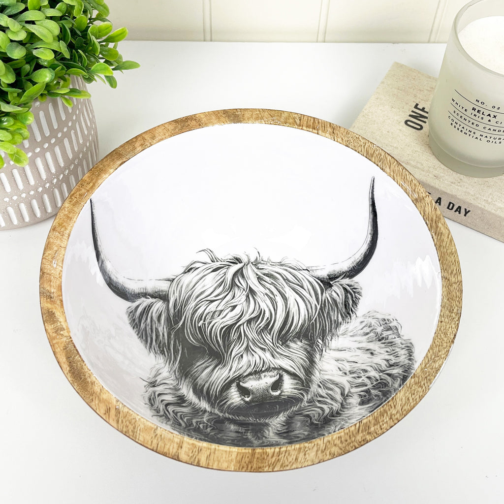 23.5cm Decorative Wooden Bowl with Enamel Highland Cow Design
