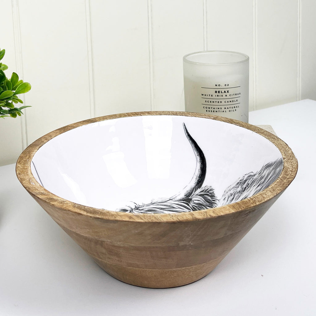 23.5cm Decorative Wooden Bowl with Enamel Highland Cow Design