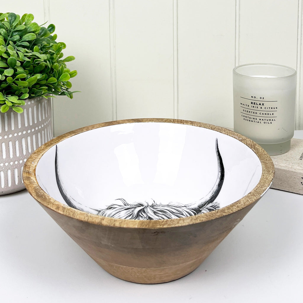 23.5cm Decorative Wooden Bowl with Enamel Highland Cow Design