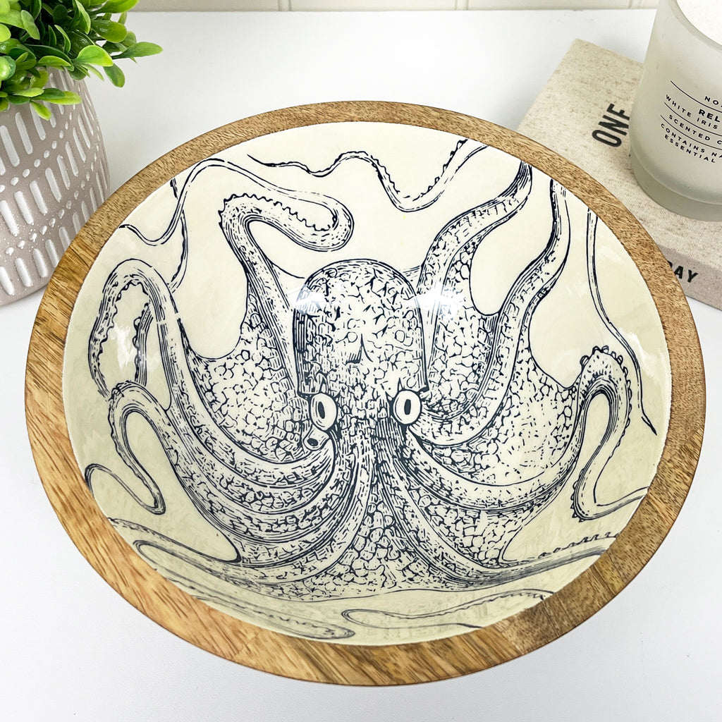 23.5cm Decorative Wooden Bowl with Enamel Octopus Design
