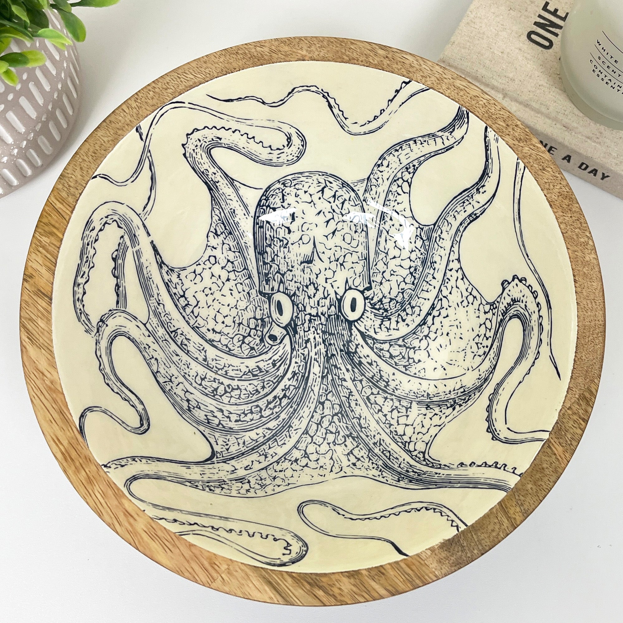 23.5cm Decorative Wooden Bowl with Enamel Octopus Design