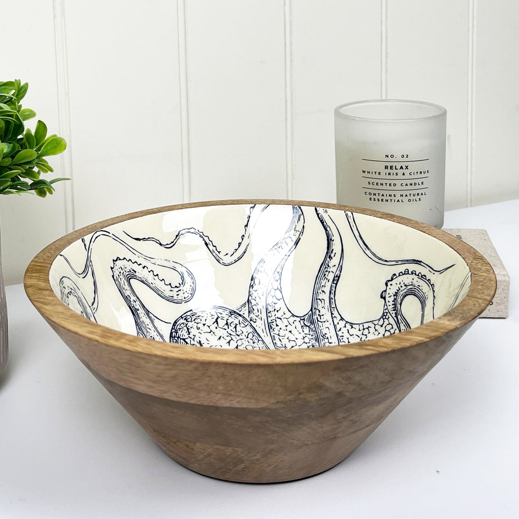 23.5cm Decorative Wooden Bowl with Enamel Octopus Design
