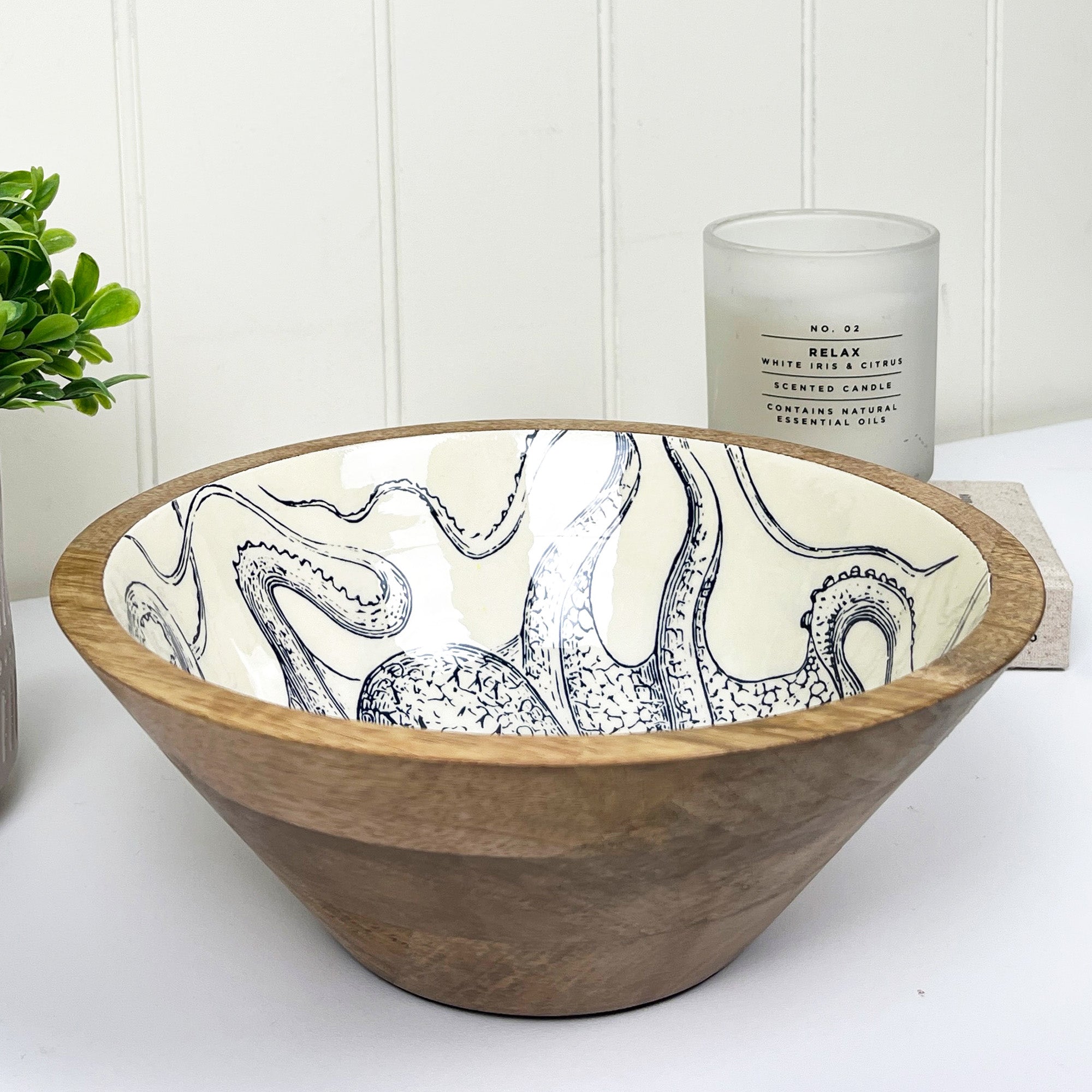 23.5cm Decorative Wooden Bowl with Enamel Octopus Design
