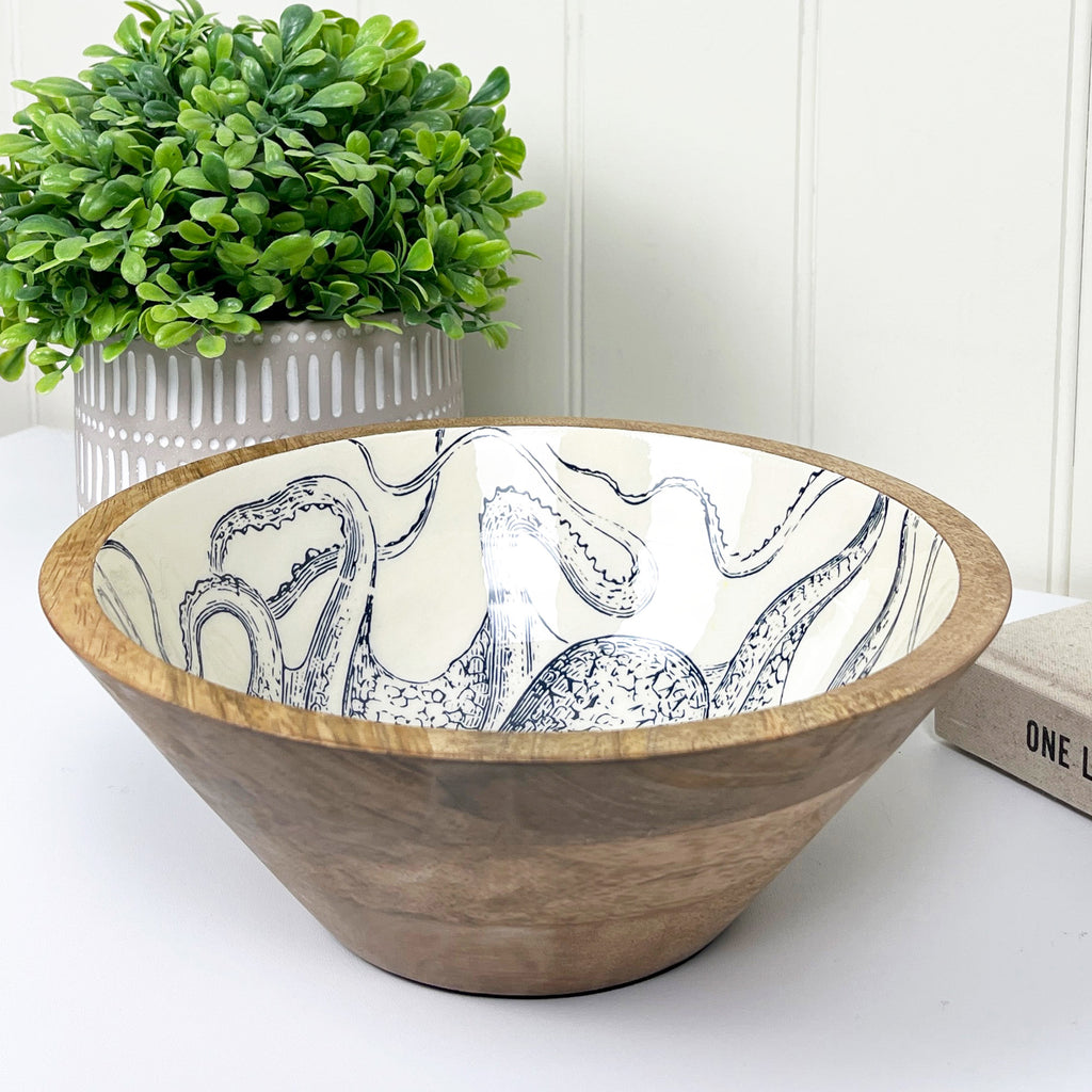 23.5cm Decorative Wooden Bowl with Enamel Octopus Design