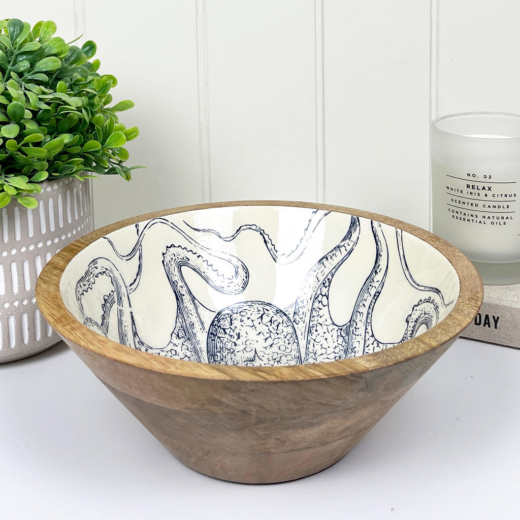 23.5cm Decorative Wooden Bowl with Enamel Octopus Design