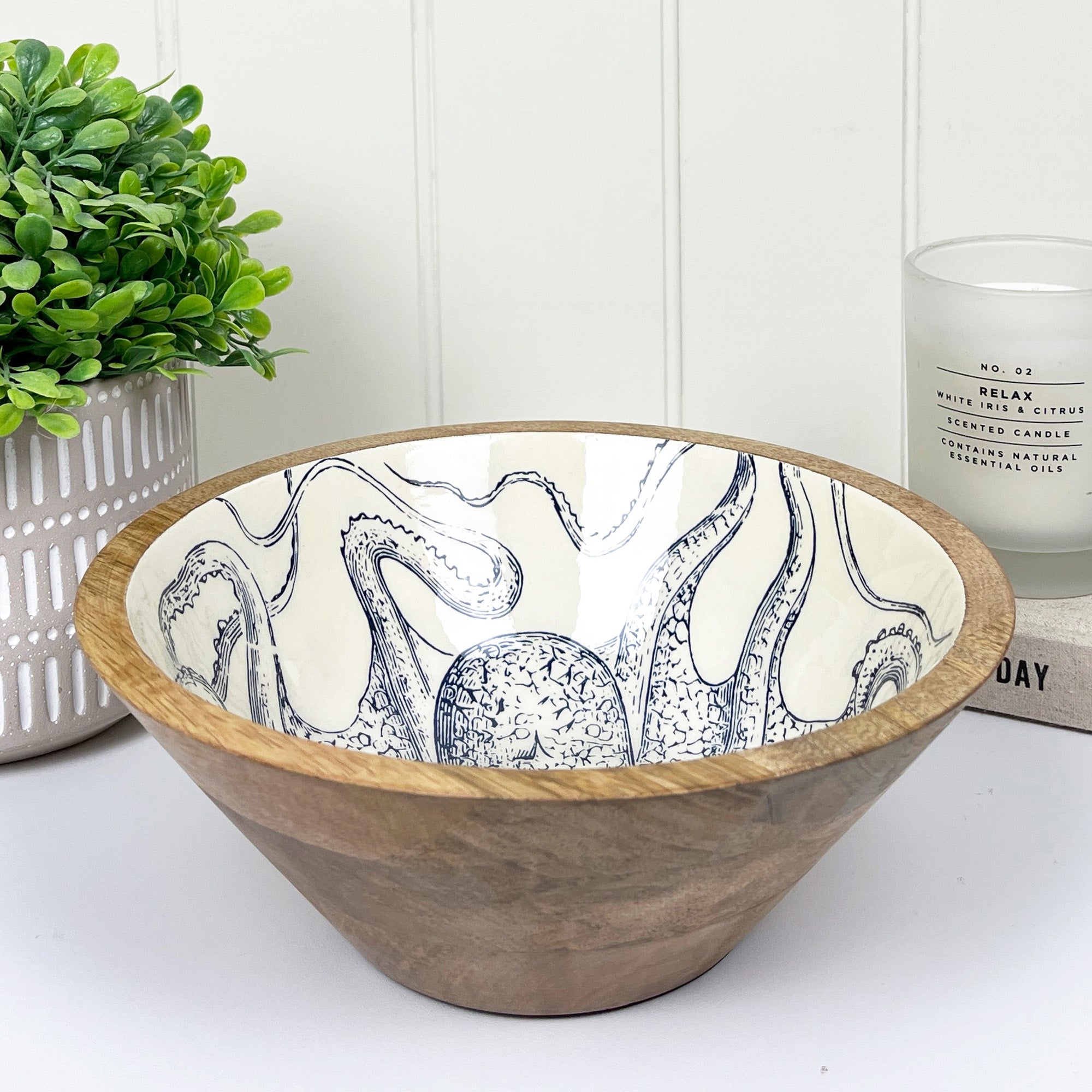 23.5cm Decorative Wooden Bowl with Enamel Octopus Design