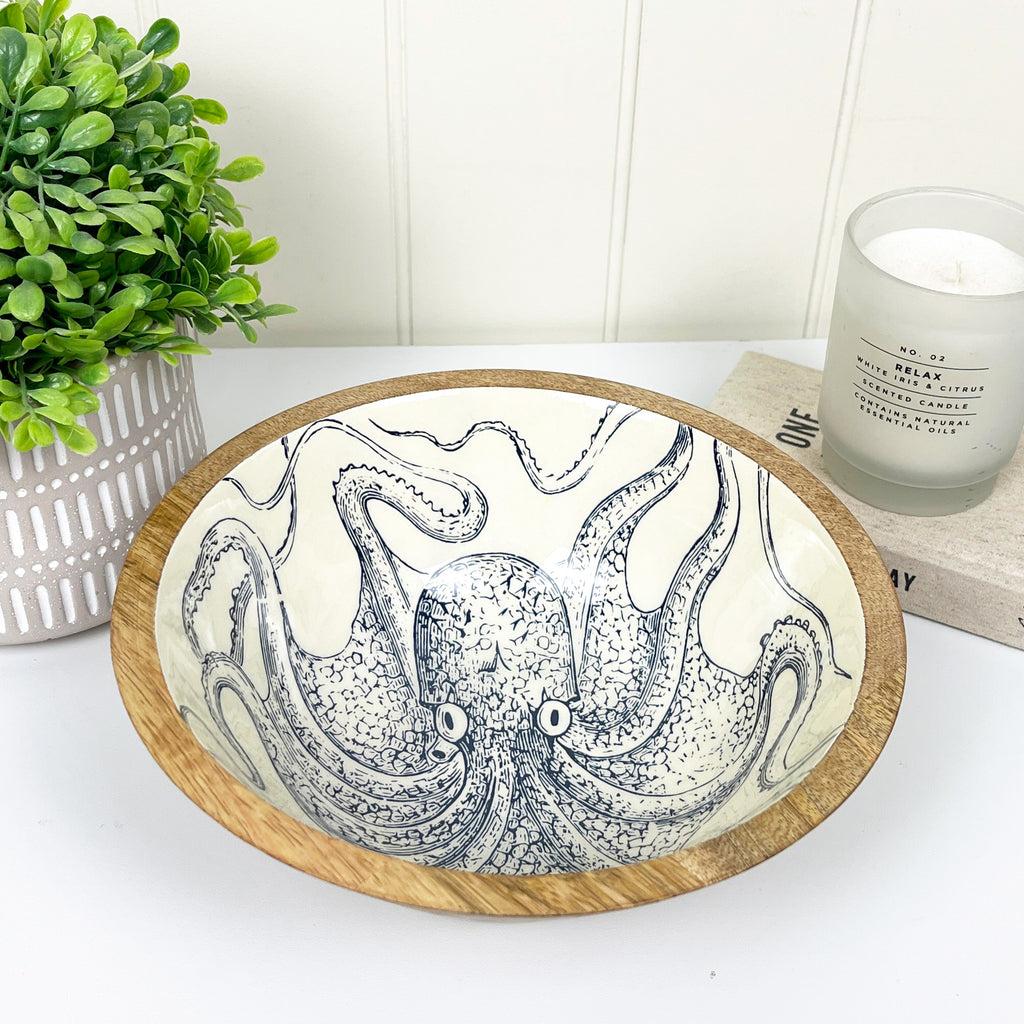 23.5cm Decorative Wooden Bowl with Enamel Octopus Design