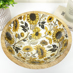 23.5cm Decorative Wooden Bowl with Enamel Sunflowers Design