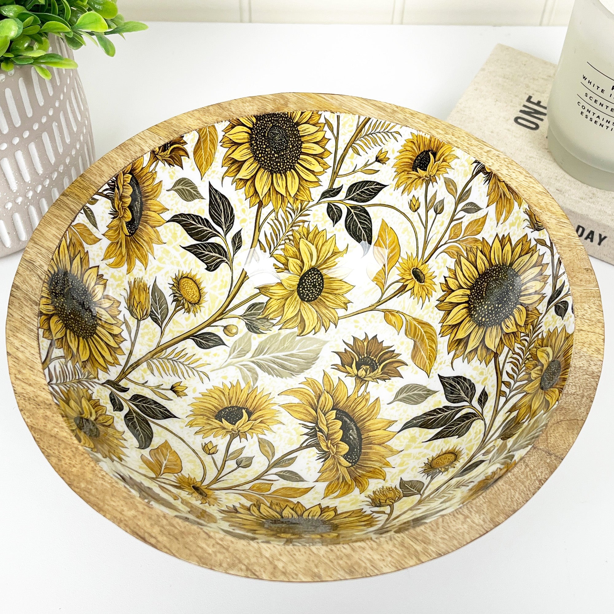 23.5cm Decorative Wooden Bowl with Enamel Sunflowers Design