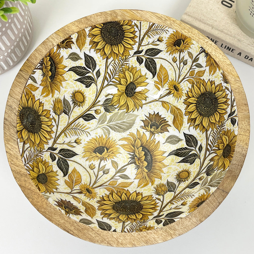23.5cm Decorative Wooden Bowl with Enamel Sunflowers Design