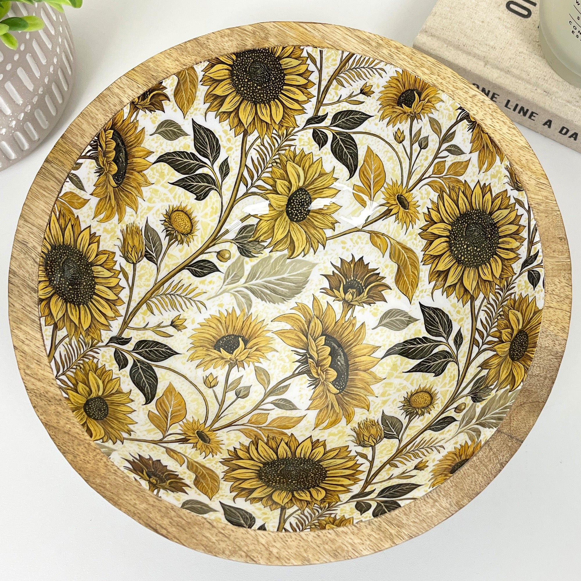 23.5cm Decorative Wooden Bowl with Enamel Sunflowers Design