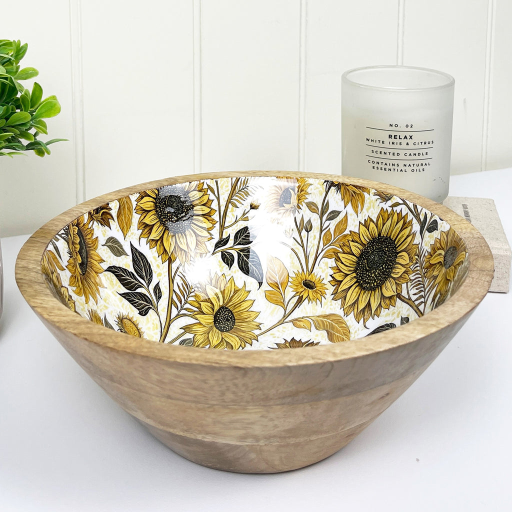 23.5cm Decorative Wooden Bowl with Enamel Sunflowers Design