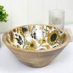 23.5cm Decorative Wooden Bowl with Enamel Sunflowers Design